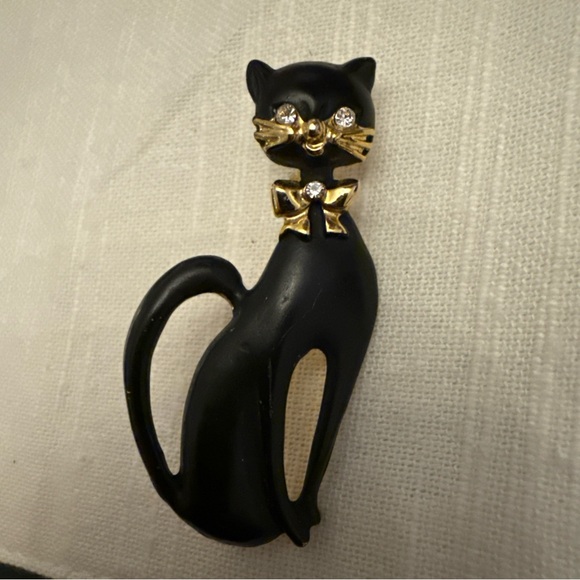 VTG Kitty Kitten Cat Goldtone Black Enamel Rhinestone Eye 2" Brooch Pin - Picture 1 of 5